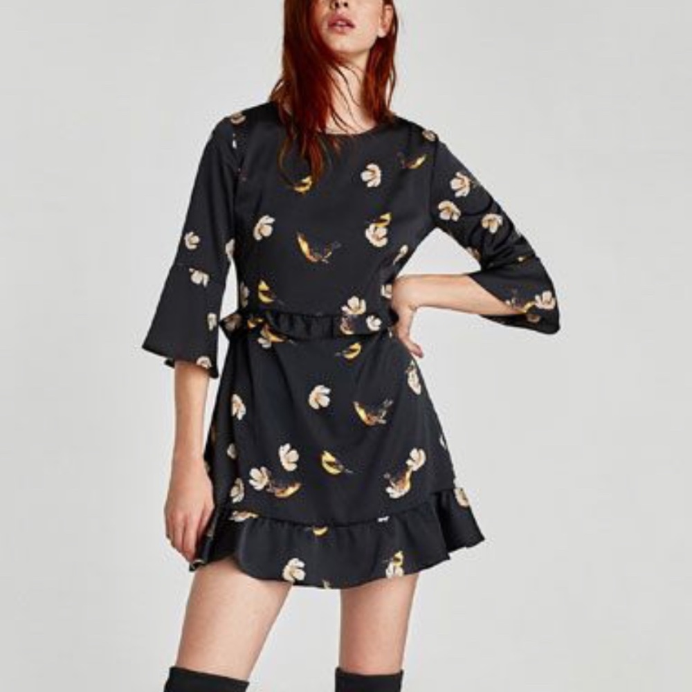 Zara Floral Bird Dress with Bell Sleeves Medium NWT